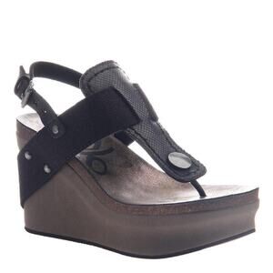 otBt "Joyride" Black Leather Wedge Sandals SZ 6.5